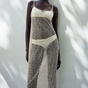 NWT GOLD BEADED SEMI SHEER SEQUIN FITTED DRESS NEW SZ LARGE